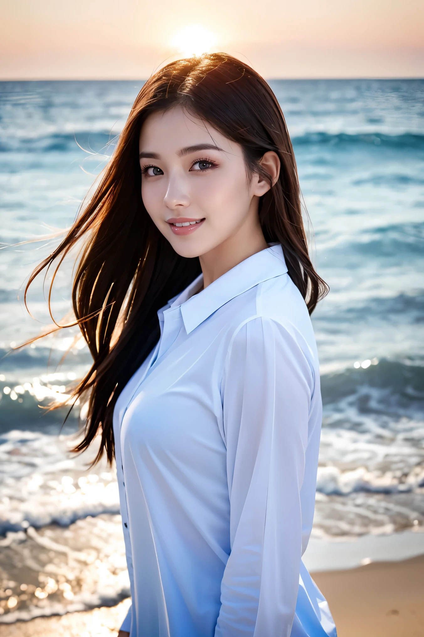 (highest quality、masterpiece、8k、Highest quality、Hyperrealism、Award-winning works)、1 Japanese high school girl、(The most natural and perfect white polyester long sleeve collared shirt:1.2)、(Naked and wearing only a polyester shirt: 1.1)、(Lower body naked:1.2)、(barefoot:1.1)、Full body photo、(Elegant standing posture:1.1)、(beautiful thick legs:1.1)、(Big Breasts:1.1)、(valley:1.2)、Attractive body、Shiny white shirt、(Standing gracefully on the coast:1.1)、The best smile when he sees me、Strong blur background、Detailed depiction of the sea、(Beautiful Expo々Located on a secluded beach:1.1)、Beautiful clear sky、Vivid beautiful sky、Beautiful cumulonimbus clouds、(The clearest, most beautiful and vibrant ocean:1.1)、The most realistic and complex backgrounds、Crystal clear sea、Very bright、Upper body photo、(Accurate anatomy:1.1)、Accentuates body lines、Perfect Makeup、Long eyelashes、Bright lipstick、Glossy lips、Ultra-high resolutionの艶肌、(Ultra-high resolution、bright and beautiful skin:1.1)、超高精細のGlossy lips、Ultra-high resolutionの美しい歯、(very bright and vivid:1.1)、(Bright and glowing skin:1.1)、(Bright and shiny shirt:1.1)、Beautiful horizon