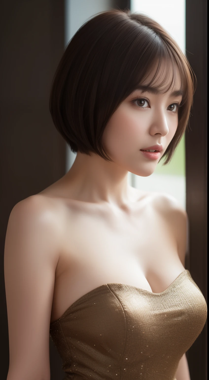 Super detailed, High resolution, Super detaileded, highest quality, wonderful, highest quality,Unified 8k wallpaper, Cinema Lighting, Dark brown hair, Big Breasts :1.2)), Body Dress :1.1,Short Hair、Japanese beauty