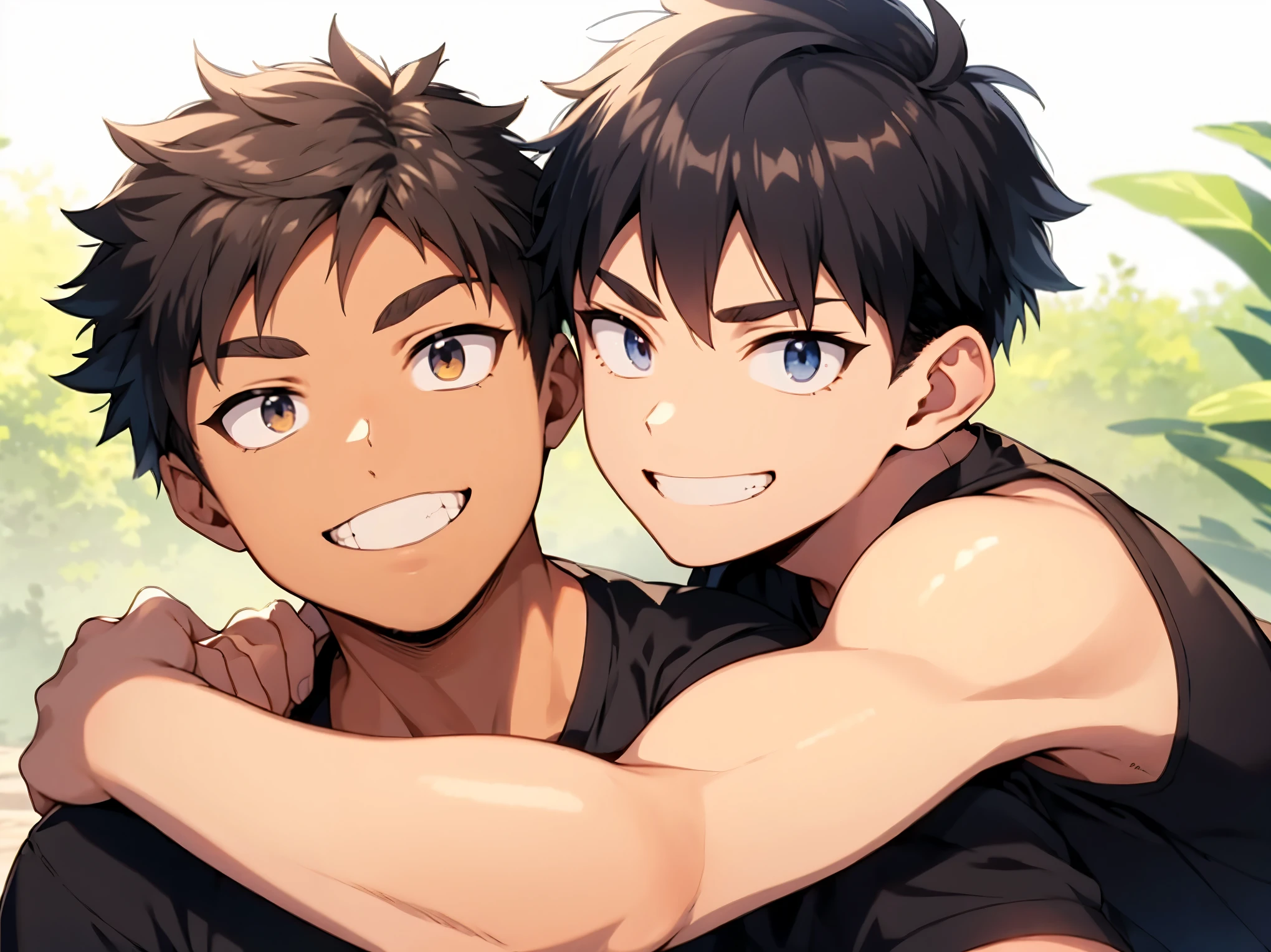 2boy,smile,(eye contact),18 years old,Put arm around shoulder,upper body,(detailed eyes),detailed skin,masterpiece