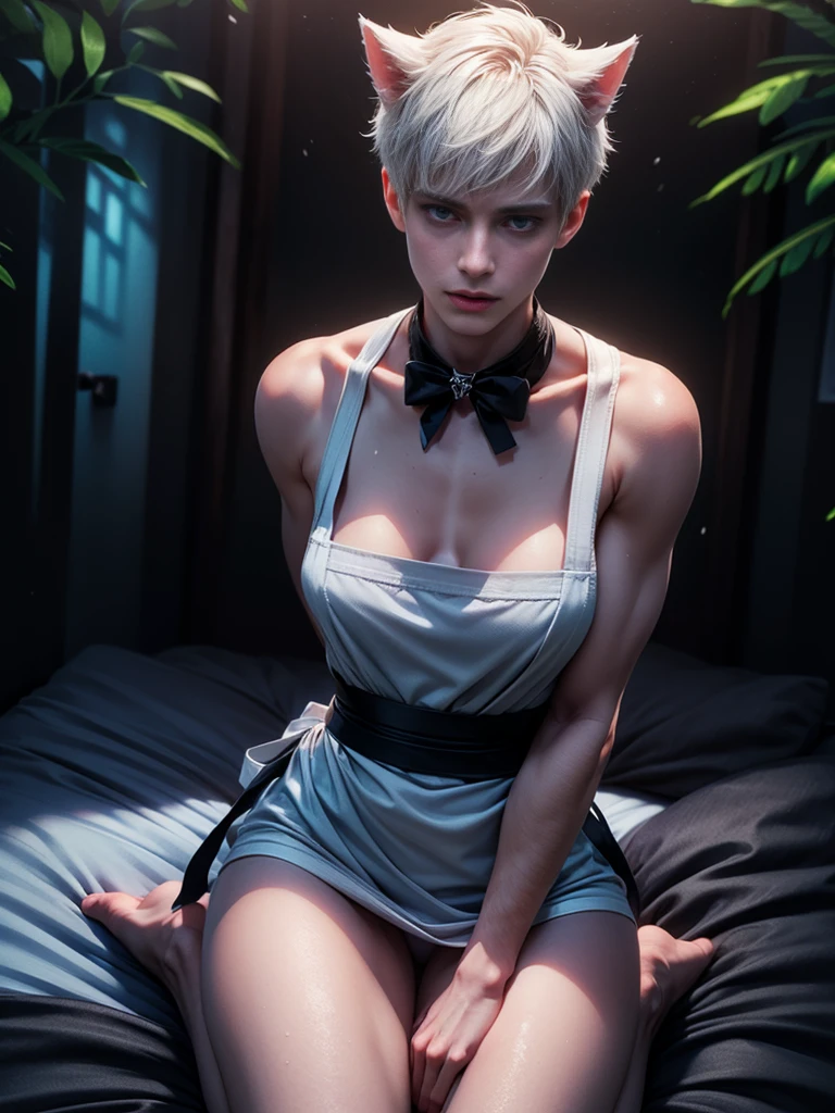 a handsome man, a slender young man with white short hair and cat ears, his pale skin without fur, wearing only a black apron, kneeling on the bed in a pure white bedroom,wet clothes,striking blue eyes, (best quality,4k,8k,highres,masterpiece:1.2),ultra-detailed,(realistic,photorealistic,photo-realistic:1.37),HDR,UHD,studio lighting,ultra-fine painting,sharp focus,physically-based rendering,extreme detail description,professional,vivid colors,bokeh