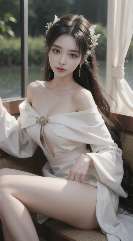 (Masterpiece,best quality:1.2),a young woman,alone,(Off-shoulder clothing,white clothes),In the depths of Wonderland,Moonlight falls like water,In a foggy room,The figure of the heroine is not clearly visible.,Like a fairy in a painting.,Sexy Legs,Very beautiful legs,Sexy Legs,Plump breasts,带有一丝mystifying的气息。Her face is beautiful and delicate,Like a beautifully carved jade,Revealing the extraordinary beauty。Gorgeous eyebrows,The waves in my eyes are like stars twinkling,Shows the light of perseverance and intelligence.。Straight nose bridge,Lip color like cherry,Raise the corners of the mouth slightly up.,Show confidence and calmness。Her face is clear,Skin as beautiful as jade,Glow, shine, healthy,Just like the fairies,She never ate fireworks..。Her makeup is very light,Very neat,There is no excessive decoration,But enough to show off her emotions and charm.。Light-textured foundation brightens the skin.,Light-textured eyebrow pencil helps create her perfect brow shape,Eye makeup is eyeshadow and eyeliner,Makes her eyes brighter and more energetic。嘴唇涂上grace的口红,Add a little extra flair and sophistication。她的衣服既grace又时髦,Fluttering clothes,The wind seems to be blowing away at all times.,afloat。在不失去grace的情况下,She has also shown off her special skills.。Swing along her movements。black hair,Redhead Rope,brown eyes,Her hair was collected in the back informally.,Safe with hair splinters,Some hair flutters in the wind,Add a little softness。Her body appears in the world of dreams.,Use fate'Big breasts to add beauty to your look,Attract her。Everyone cares。She looks like a fairy in a wonderland.,beautiful big breasts,grace,mystifying,full of vitality。