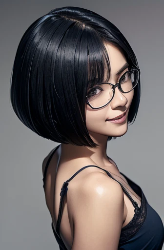 (masterpiece), (8k, best quality, high resolution), (ultra-detailed, realistic), (anatomically correct),
((from above)), ((looking up)),
((face close-up)), (Standing), (((looking back))), (No background),
(1woman), ((looking at viewer)), (show your back),
(A Japanese woman, 30 years old and 155cm tall.),
((Wear a navy blue tunic camisole)), ((A camisole without decoration.)),
(black hair), (straight hair), (short hair style), ((bob cut)),
(wear glasses), (black square cell glasses),
((smile broadly)),
(Her impression is pure, clean and kind.),