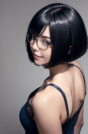 (masterpiece), (8k, best quality, high resolution), (ultra-detailed, realistic), (anatomically correct),
((from above)),
((Portrait)), (Standing), (((looking back))), (No background),
(1woman), (looking at viewer), (show your back),
(A Japanese woman, 30 years old and 155cm tall.),
((Wear a navy blue tunic camisole)), ((A camisole without decoration.)),
(black hair), (straight hair), (short hair style), ((bob cut)),
(wear glasses), (black square cell glasses),
((smile broadly)),
(Her impression is pure, clean and kind.),