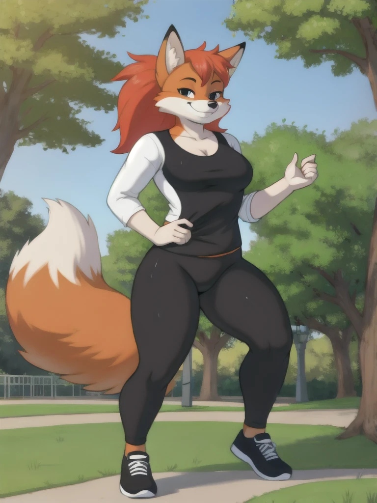 Furry, fox, smile, black leggings, white shirt, jogging, solo, park