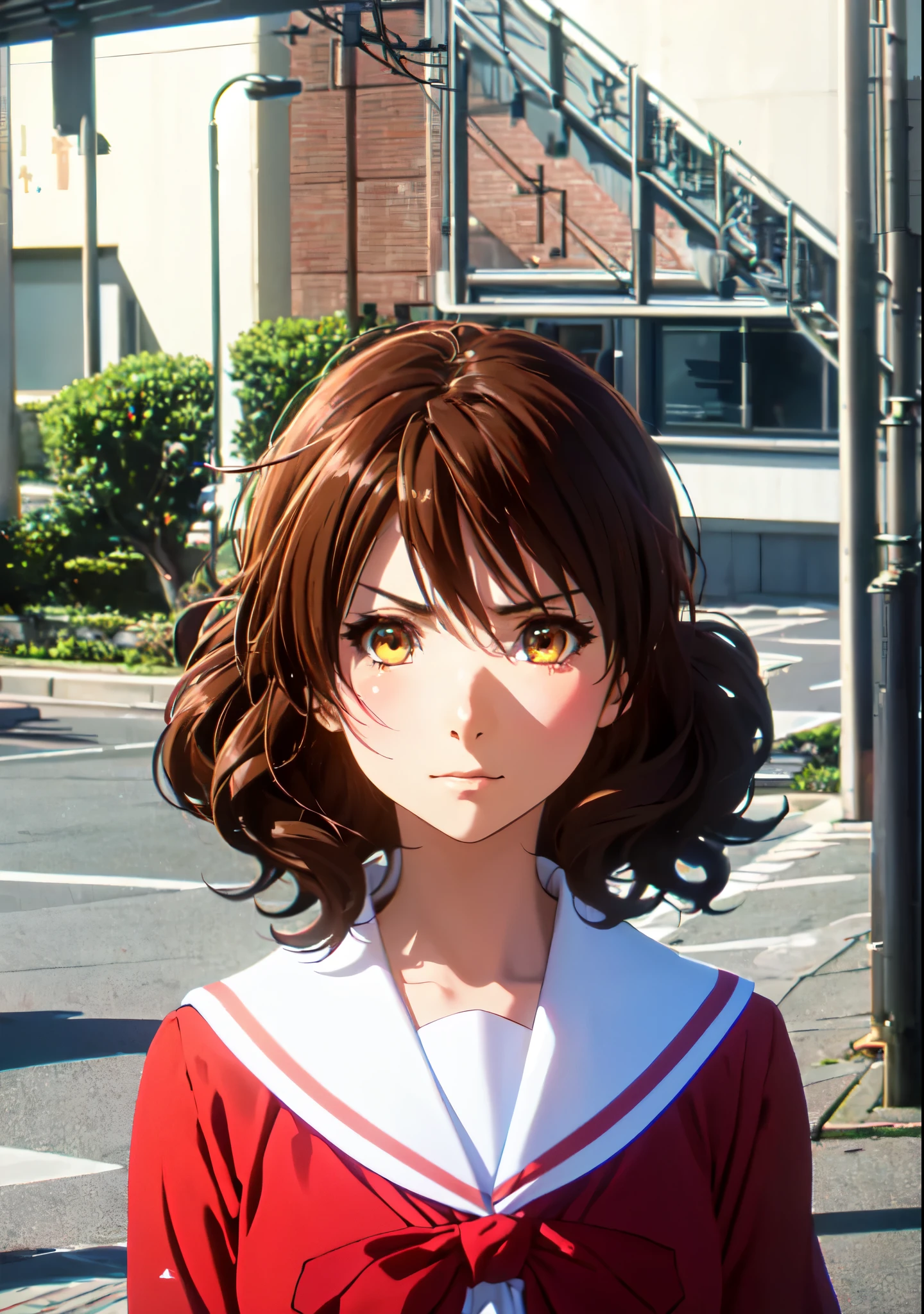 Kumiko Oumae, Kumiko Oumae, (Brown eyes:1.5), Brown Hair, short hair, Wavy Hair, Hot face, blush, Sailor suit, , high school girl, Red ribbon, ((Angry)), smile, very cute and beautiful girl,Teen,(Very detailedな美しい顔),

(highest quality,masterpiece),Absurd,High resolution,Super detailed,Very detailed,32k,8K resolution,