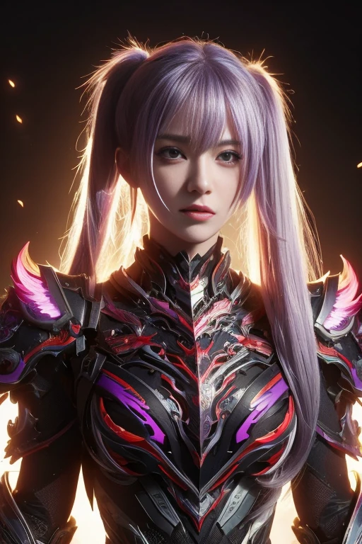 masterpiece, best quality, illustration, beautiful detailed eyes, colorful background, mechanical prosthesis, mecha coverage, emerging dark purple across with white hair, pig tails, disheveled hair, fluorescent purple, cool movement, rose red eyes, beatiful detailed cyberpunk city, multicolored hair, beautiful detailed glow, 1 girl, expressionless, cold expression, insanity, long bangs, long hair, lace, dynamic composition, motion, ultra - detailed, incredibly detailed, a lot of details, amazing fine details and brush strokes, smooth, hd semirealistic anime cg concept art digital painting, cyborg style, big breasts,