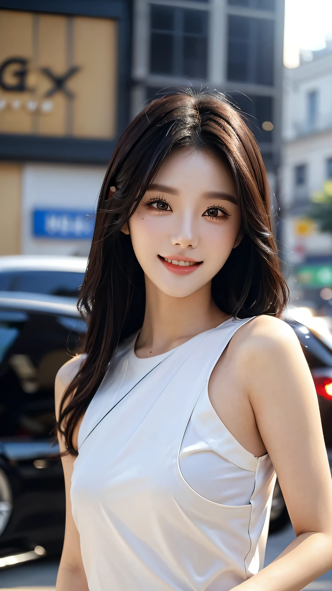 masterpiece、top-quality)、1 beautiful girl walk arow the shopping mall , ((Wearing black sunglasses )), (Detailed beautiful eyes), ((Detailed skin)) , ((Detailed medium hair)), Walk around the store、((Boyish Brown Medium Hair))、((Smaller face))、((Neutral face))、((Light brown eyes))、((Korean Girl))、((18year old))、((cool lady))、((A shy smile on his face))、((Korean Makeup))、((elongated and sharp eyes))、((Happy dating))、((boyish))、on the wvilla), ((CG rendering)), ((Blurred background)), ((16K)), ((Very detailed)), ((wallpaper)), ((depth of field)), ((movie light)), (( Ray tracing)).