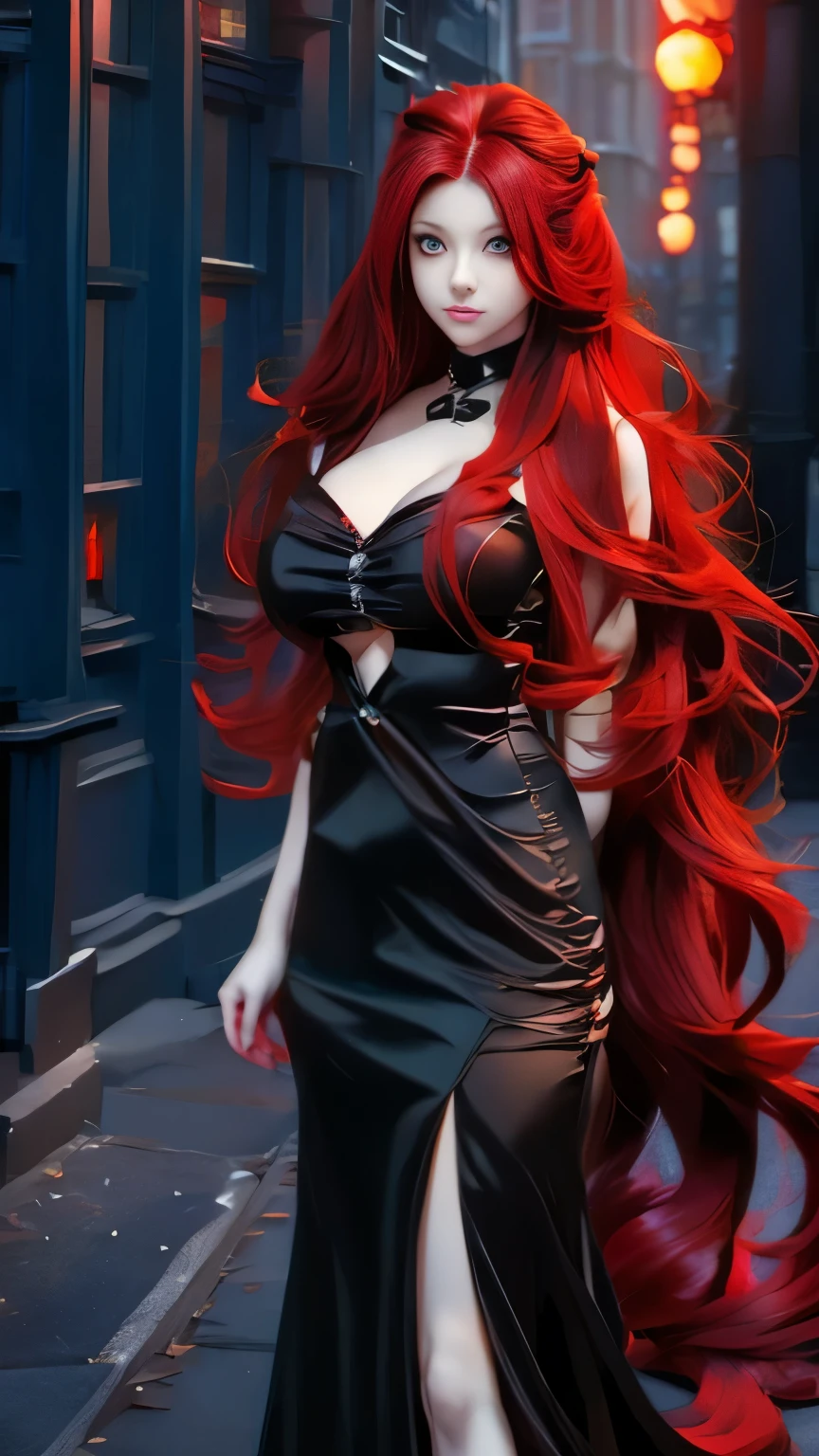 a woman with long red hair walking in the dark, zero two, red glowing hair, anime girl with long hair, long fire hair, with long red hair, with red glowing eyes, glowing red, gothic maiden anime girl, beautiful anime artwork, demon anime girl, anime cyberpunk art, anime girl with cosmic hair, beautiful anime art, red aura, red colored