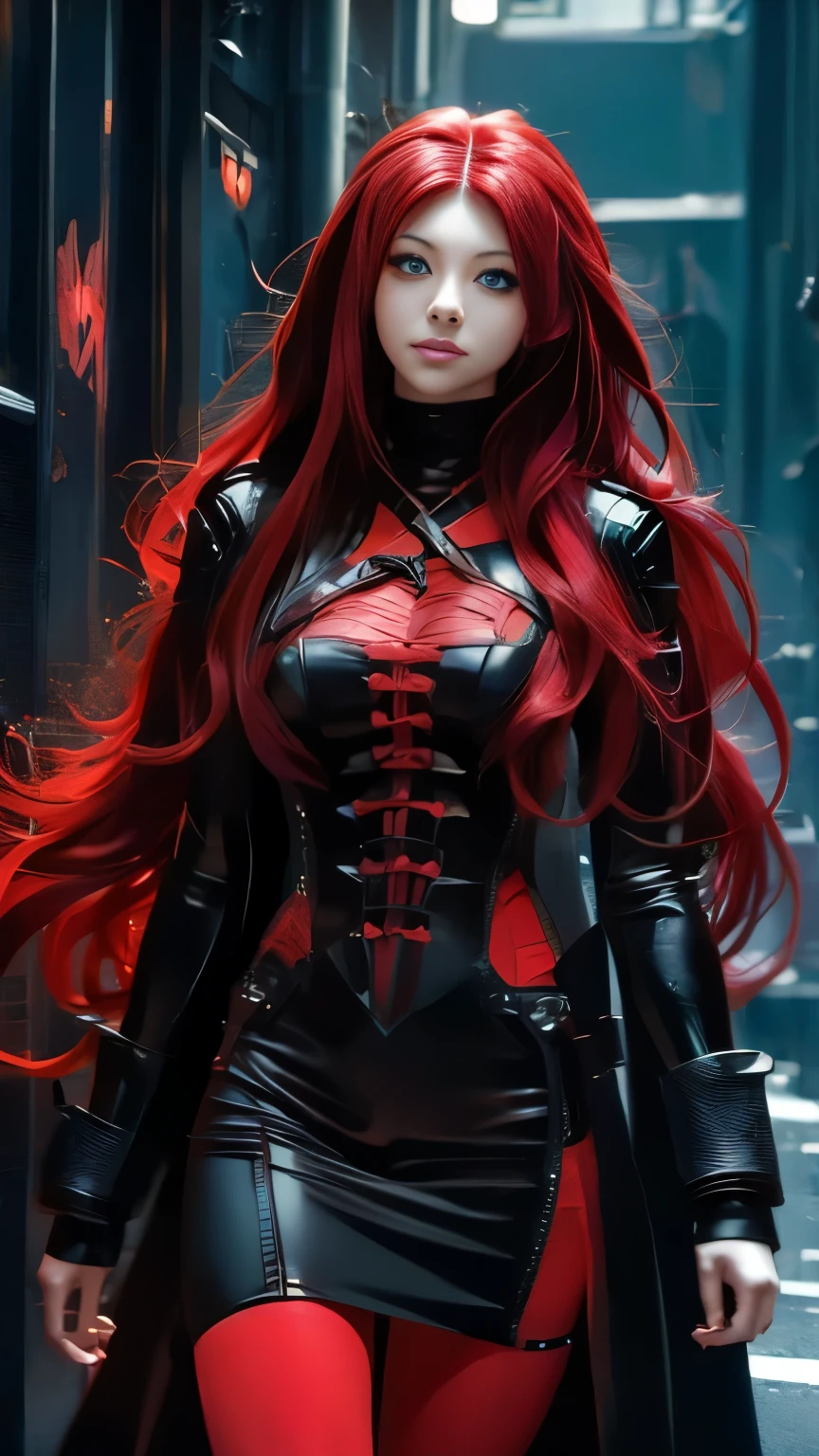 a woman with long red hair walking in the dark, cyberpunk art inspired by Jin Homura, trending on pixiv, gothic art, zero two, red glowing hair, anime girl with long hair, long fire hair, with long red hair, with red glowing eyes, glowing red, gothic maiden anime girl, beautiful anime artwork, demon anime girl, anime cyberpunk art