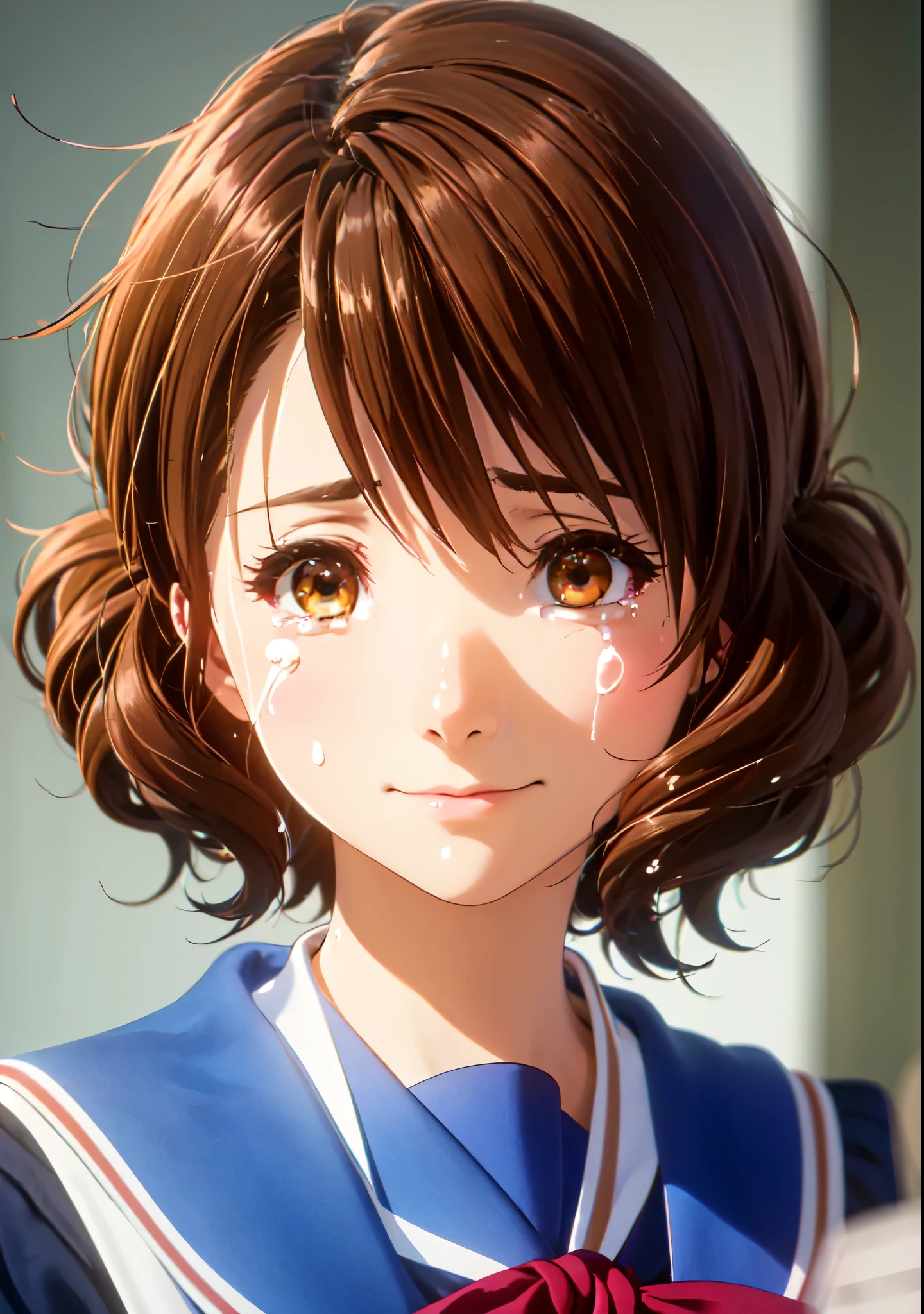 Kumiko Oumae, Kumiko Oumae, (Brown eyes:1.5), Brown Hair, short hair, Wavy Hair, Hot face, blush, Sailor suit, , high school girl, Red ribbon, ((Are crying)), smile, very cute and beautiful girl,,(Very detailedな美しい顔),
(highest quality,masterpiece),Absurd,High resolution,Super detailed,Very detailed,32k,8K resolution,
