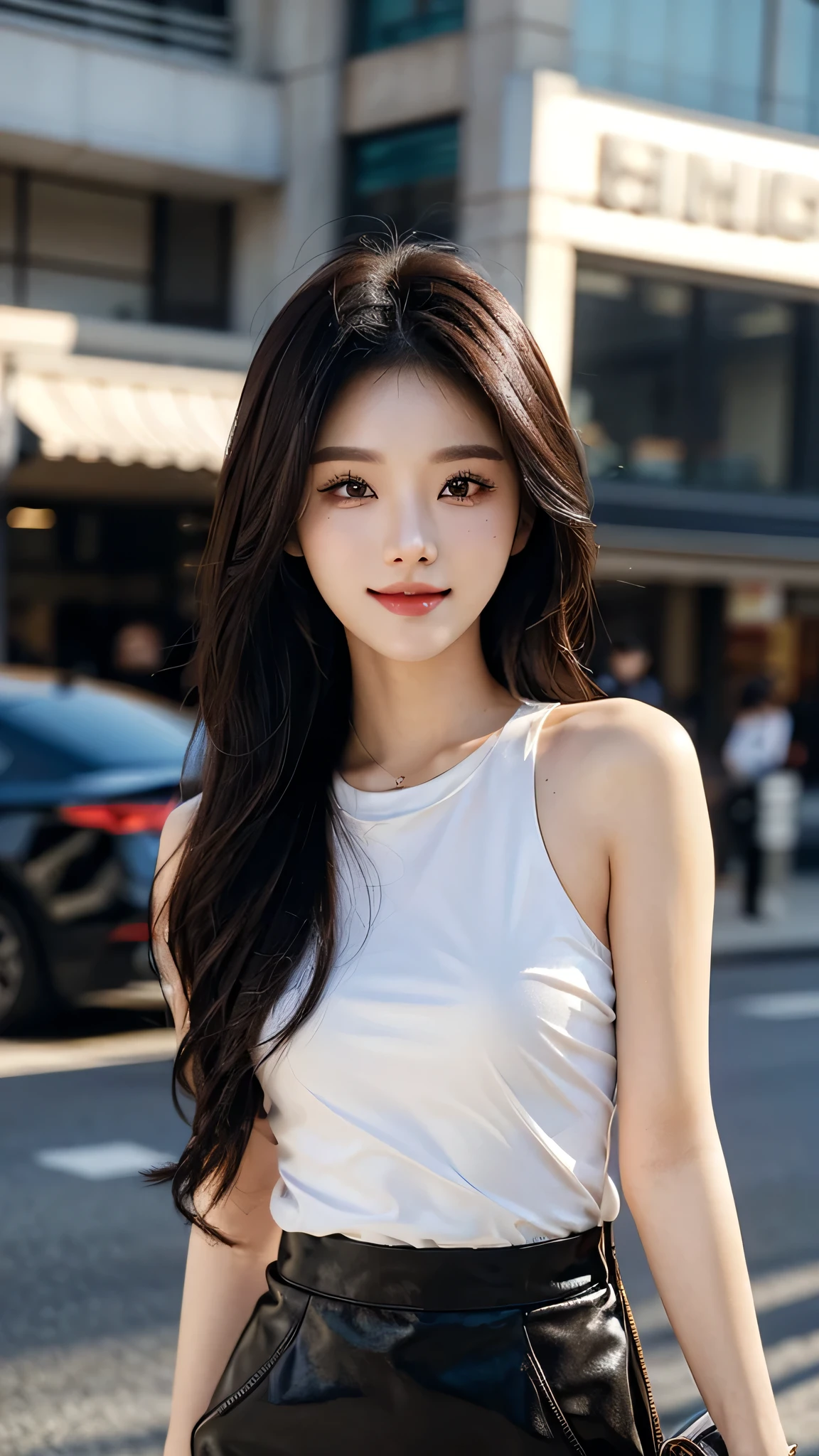 masterpiece、top-quality)、1 beautiful girl walk arow the shopping mall , ((Wearing black sunglasses )), (Detailed beautiful eyes), ((Detailed skin)) , ((Detailed medium hair)), Walk around the store、((Boyish Brown Medium Hair))、((Smaller face))、((Neutral face))、((Light brown eyes))、((Korean Girl))、((18year old))、((cool lady))、((A shy smile on his face))、((Korean Makeup))、((elongated and sharp eyes))、((Happy dating))、((boyish))、on the wvilla), ((CG rendering)), ((Blurred background)), ((16K)), ((Very detailed)), ((wallpaper)), ((depth of field)), ((movie light)), (( Ray tracing)).