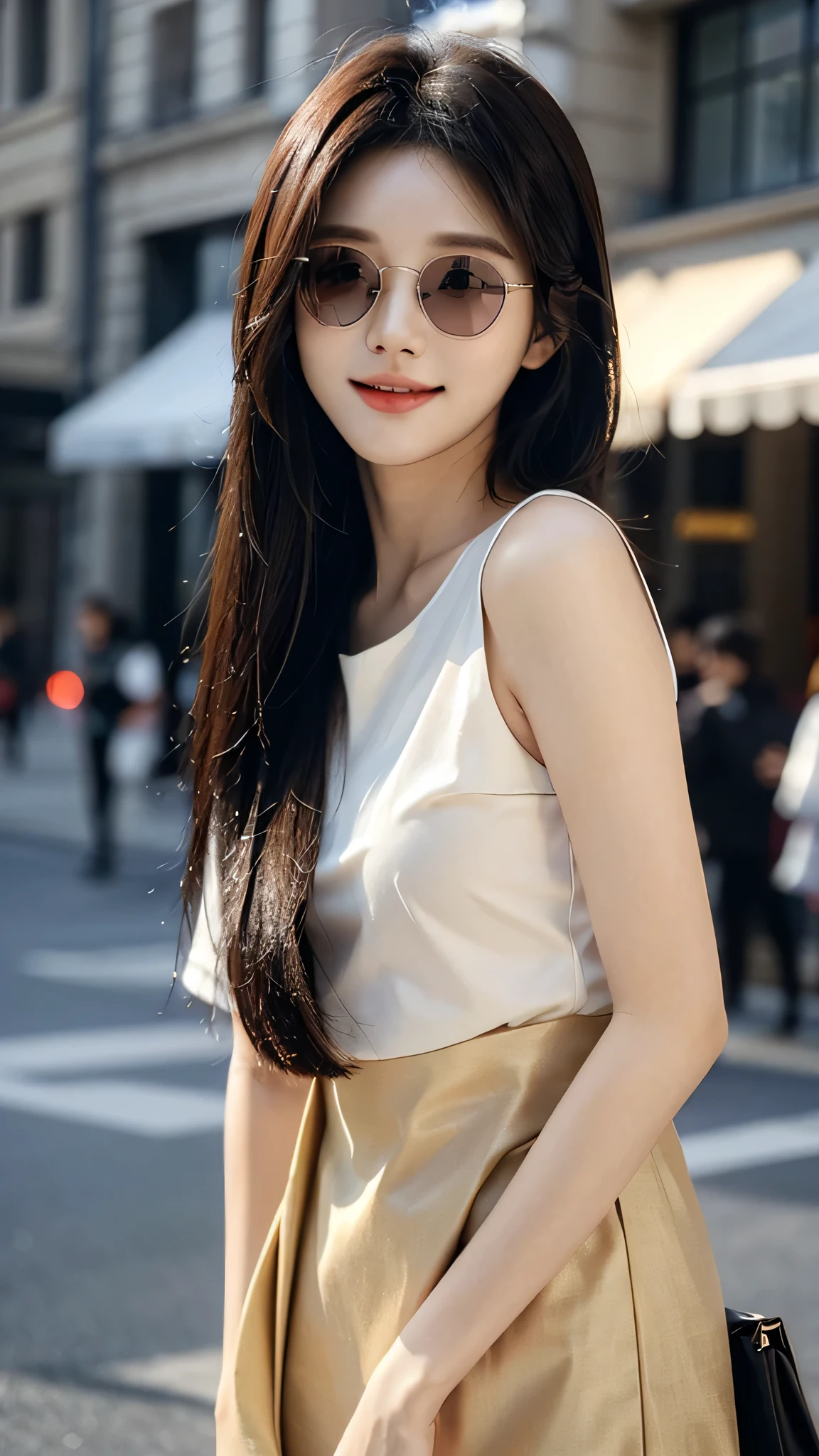 masterpiece、top-quality)、1 beautiful girl walk arow the shopping mall , ((Wearing black sunglasses )), (Detailed beautiful eyes), ((Detailed skin)) , ((Detailed medium hair)), Walk around the store、((Boyish Brown Medium Hair))、((Smaller face))、((Neutral face))、((Light brown eyes))、((Korean Girl))、((18year old))、((cool lady))、((A shy smile on his face))、((Korean Makeup))、((elongated and sharp eyes))、((Happy dating))、((boyish))、on the wvilla), ((CG rendering)), ((Blurred background)), ((16K)), ((Very detailed)), ((wallpaper)), ((depth of field)), ((movie light)), (( Ray tracing)).