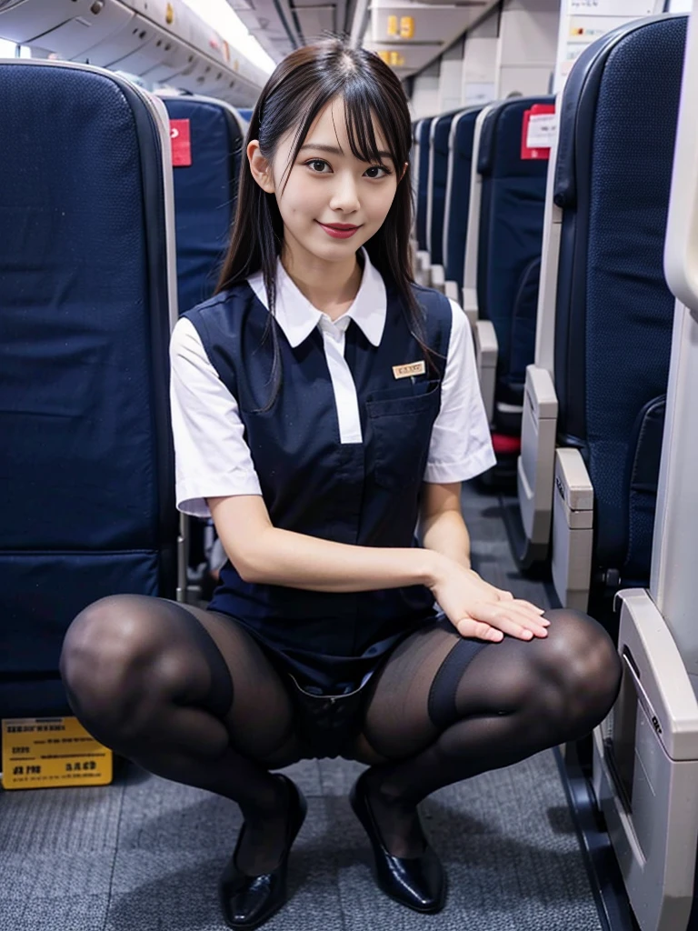 masterpiece, best quality, 1 girl, solo, 20 years old, small breasts, Perfect Face, beautiful, extremely long hair, jal uniform, airplane interior, black pantyhose, japanese, panty shot,squatting, spread legs