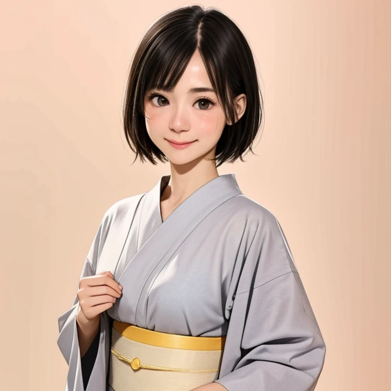 (kawaii 24 year-old Japanese girl, Nogizaka idol, Korean idol), glossy brown hair, (very short hair:1.2), beautiful black eyes, rounded face, narrow shoulders, single eyelid, (no makeup:1.2), (shy, smile, noseblush:1.3), (yukata, Japanese traditional clothes), extra small breasts, BREAK, (simple white background:1.2), (view from forward, bust shot, id photo:1.2), BREAK, (masterpiece, best quality, photo realistic, official art:1.4), (UHD, 8K quality wallpaper, high resolution, raw photo, golden ratio:1.3), (shiny skin), professional lighting, physically based rendering, award winning, (highly detailed skin texture, extremely detailed face and eyes textures), Carl Zeiss 85 mm F/1.4, depth of field, (1girl, solo),