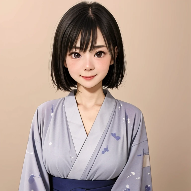 (kawaii 24 year-old Japanese girl, Nogizaka idol, Korean idol), glossy brown hair, (very short hair:1.2), beautiful black eyes, rounded face, narrow shoulders, single eyelid, (no makeup:1.2), (shy, smile, noseblush:1.3), (yukata, Japanese traditional clothes), extra small breasts, BREAK, (simple white background:1.2), (view from forward, bust shot, id photo:1.2), BREAK, (masterpiece, best quality, photo realistic, official art:1.4), (UHD, 8K quality wallpaper, high resolution, raw photo, golden ratio:1.3), (shiny skin), professional lighting, physically based rendering, award winning, (highly detailed skin texture, extremely detailed face and eyes textures), Carl Zeiss 85 mm F/1.4, depth of field, (1girl, solo),