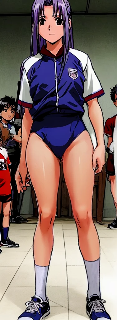 Momoko Koigakubo, a tall girl with beautiful legs, is standing with her legs spread to the sides in a white gym uniform and light navy blue bloomers that look like panties.。Next to Momoko Koigakubo, a fifth-grade boy with a shaved head and wearing a tracksuit is smiling and grabbing her thigh.。