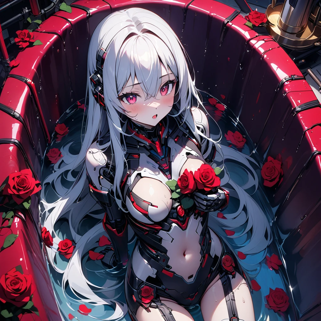 High quality, high definition images, full HD、
8k.(1white long hair ai cyborg girl )、(black on white cyborg body) , many mechanisms are visible,Many red lights on the exterior、Future cyber room,soaking in the bathtub in the bathroom Her chest is out of the bathtub.A large amount of red roses are scattered in the bath.Pick up a rose in the bath kissing a rose,
