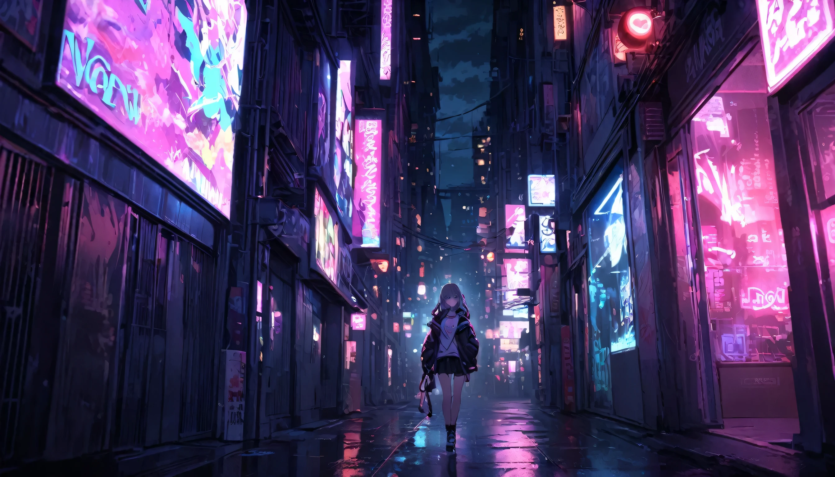 girl, 1 person, Dark atmosphere, night, neon, cool, night scene