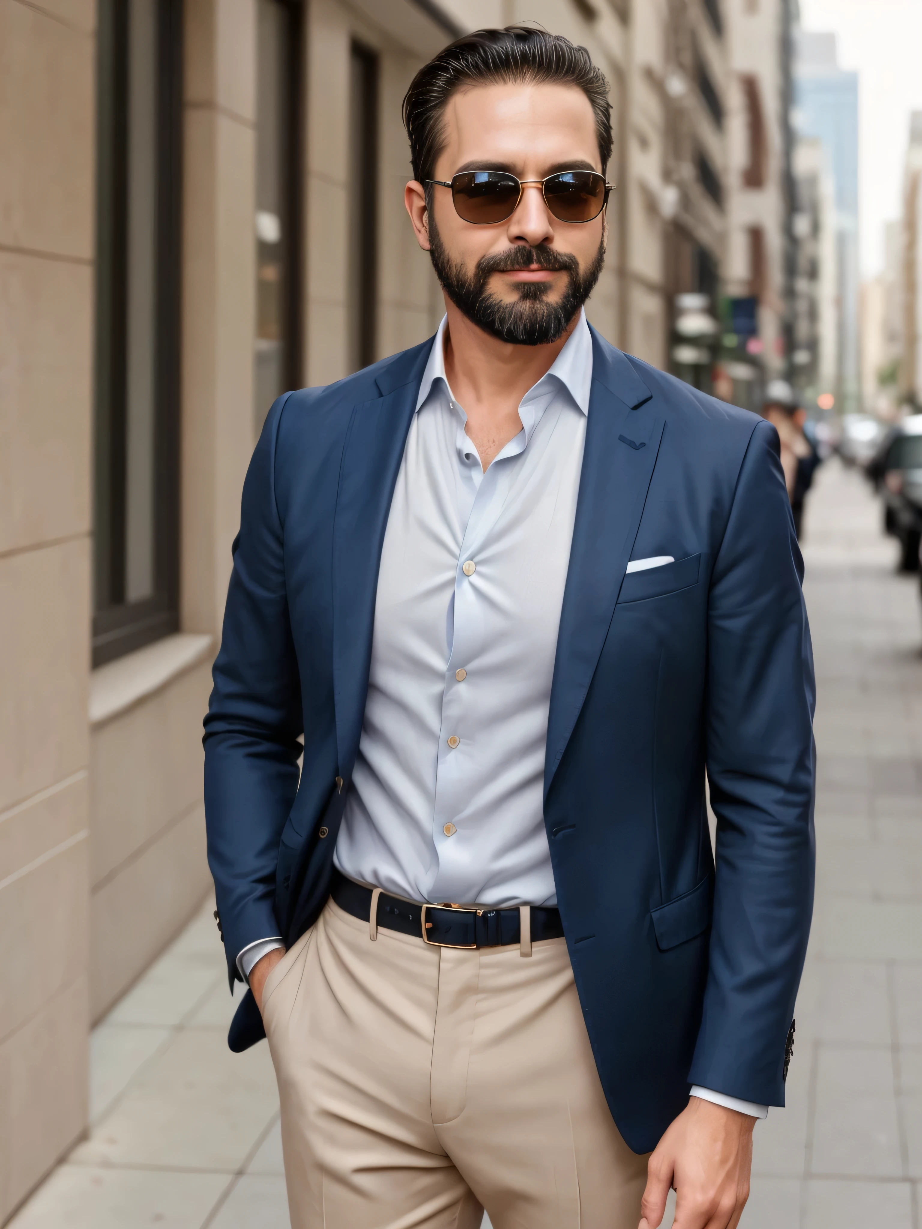 Create a medium shot image of a 38-year-old man with a neatly trimmed beard and stylish sunglasses. He should be dressed in very elegant clothing, reflecting high fashion. The man is wearing a tailored navy blue blazer over a crisp white dress shirt, with a matching navy blue pocket square neatly tucked into the breast pocket. His sunglasses are sleek and modern, adding a touch of sophistication to his look. He stands confidently with a slight smile, exuding charisma and style. The background is a blurred, upscale urban setting, ensuring the focus remains on his fashionable attire and confident demeanor