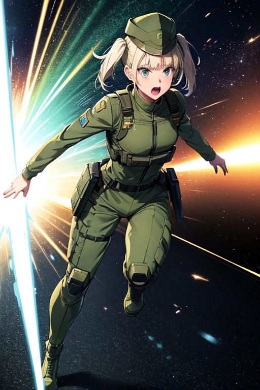 Anime drawings、Full body portrait、Space Sci-Fi Soldier、A military woman, about 160cm tall and about 35 years old, wearing a dark green bulletproof vest, running while shooting a beam of light.、Open mouth and screaming、Her hairstyle is short twin tails.、Platinum Blonde Hair、Military bootilitary cap、Flat chest