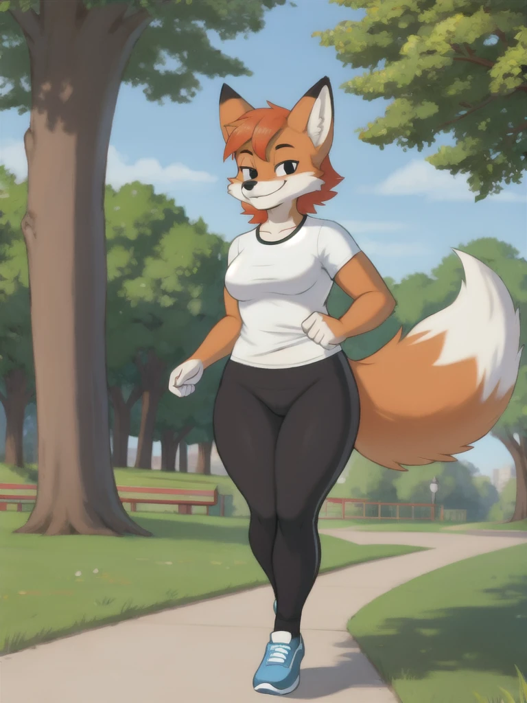 Furry, fox, smile, black leggings, white shirt, jogging, solo, park