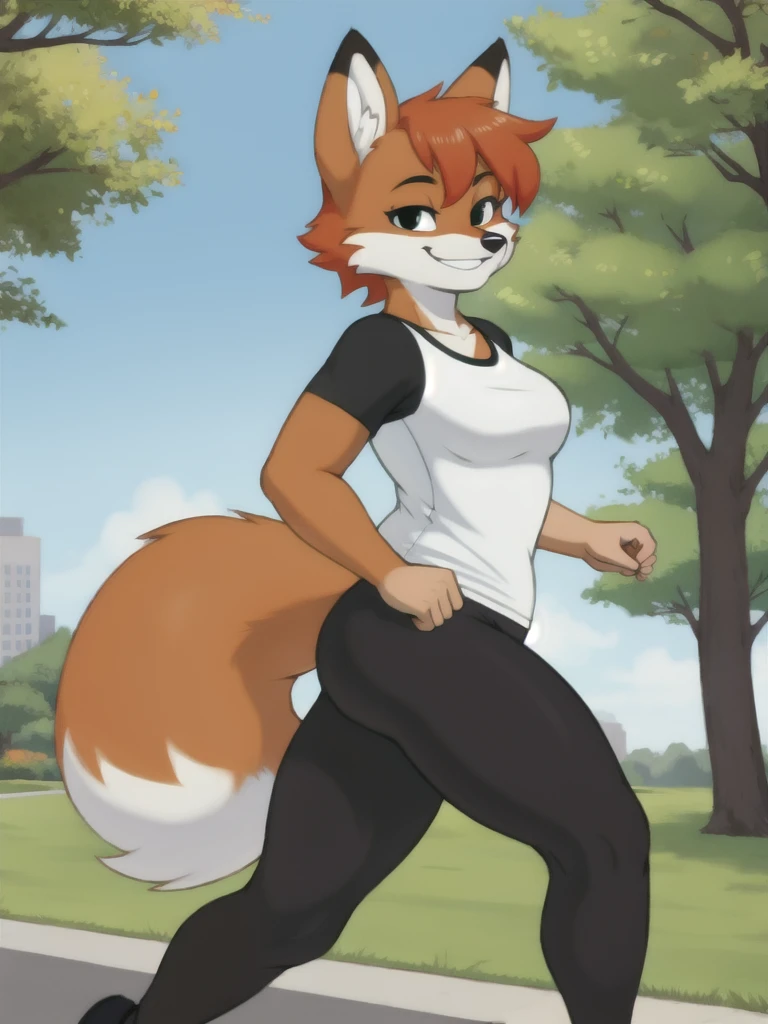 Furry, fox, smile, black leggings, white shirt, jogging, solo, park