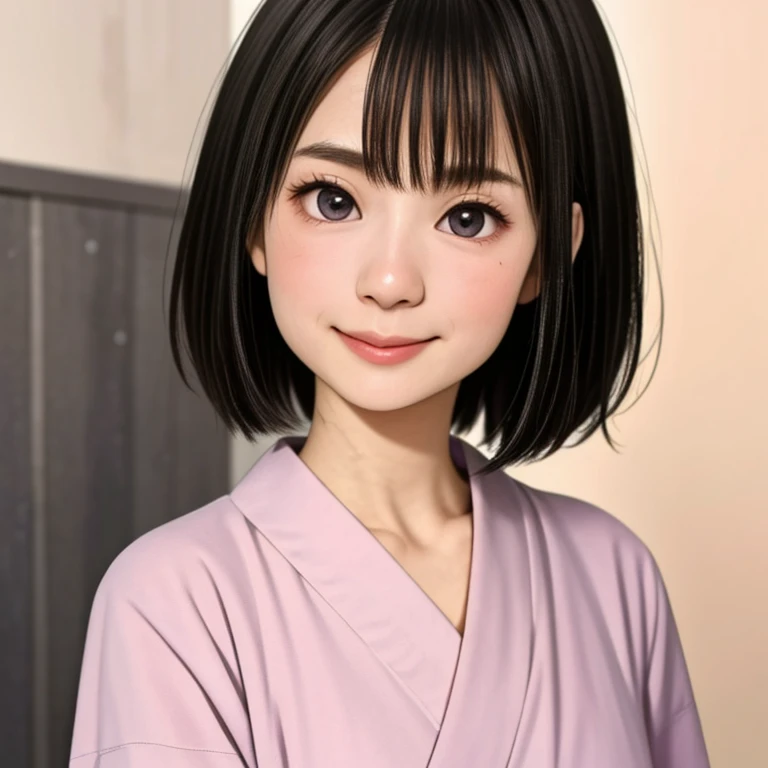 (kawaii 24 year-old Japanese girl, Nogizaka idol, Korean idol), glossy brown hair, (very short hair:1.2), beautiful black eyes, rounded face, narrow shoulders, single eyelid, (no makeup:1.2), (shy, smile, noseblush:1.3), (yukata, Japanese traditional clothes), extra small breasts, BREAK, (simple white background:1.2), (view from forward, bust shot, id photo:1.2), BREAK, (masterpiece, best quality, photo realistic, official art:1.4), (UHD, 8K quality wallpaper, high resolution, raw photo, golden ratio:1.3), (shiny skin), professional lighting, physically based rendering, award winning, (highly detailed skin texture, extremely detailed face and eyes textures), Carl Zeiss 85 mm F/1.4, depth of field, (1girl, solo),