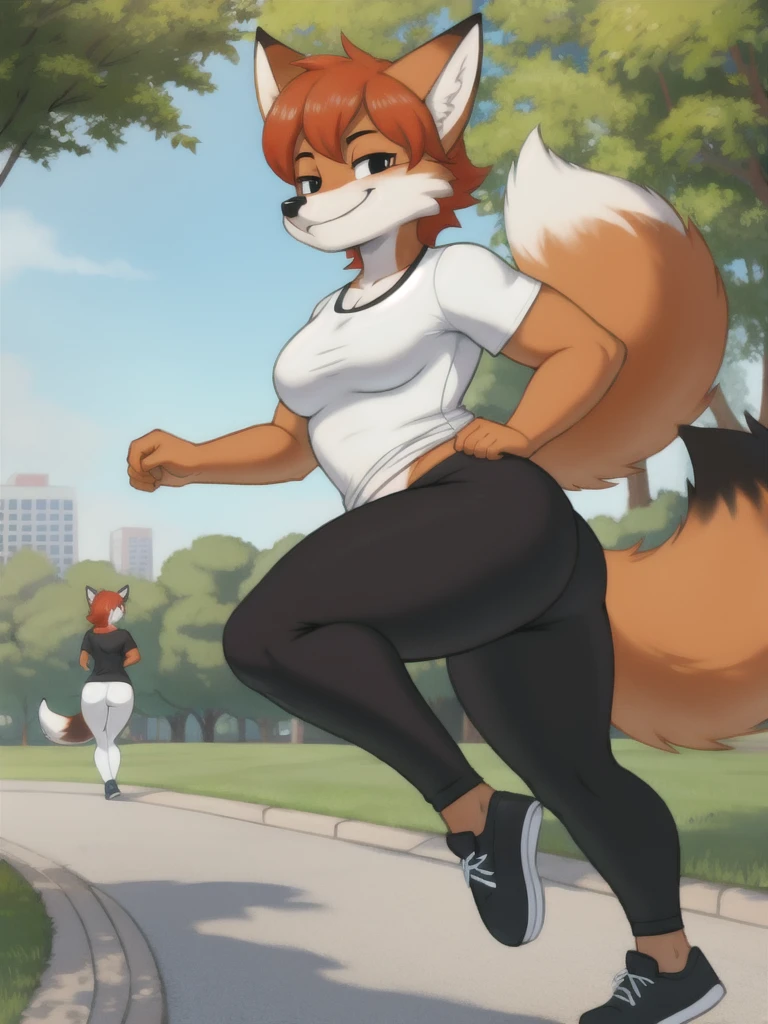 Furry, fox, smile, black leggings, white shirt, jogging, solo, park