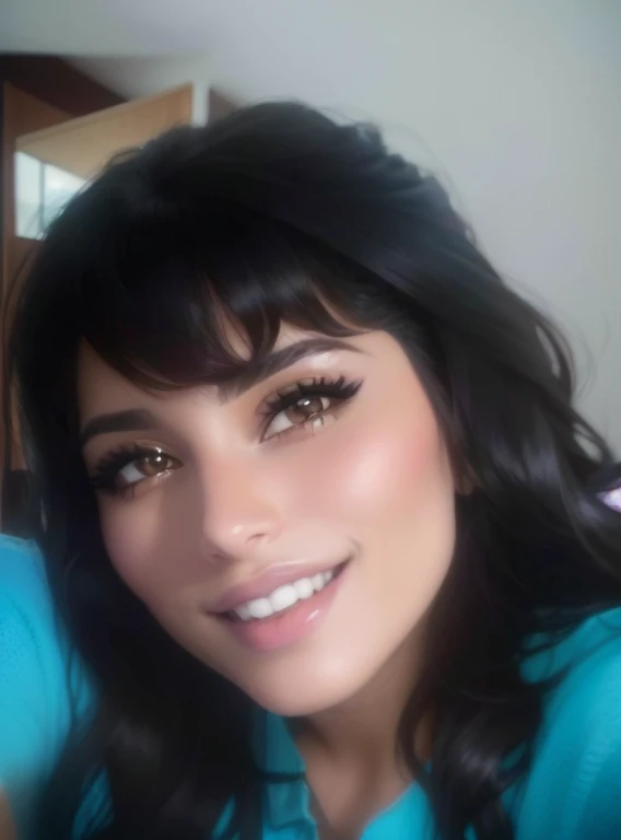 Mujer sonriente con largo cabello negro y camisa azul tomando un selfie, imagen de perfil, alani guillen, fernanda suarez, avatar image, 3 0 year old woman, 30 year old woman, estefania villegas burgos, Foto de perfil, anime