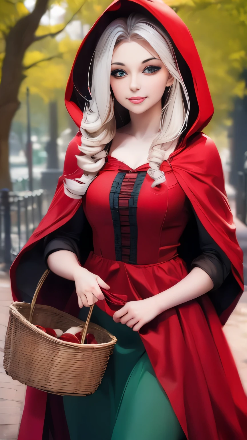 arafed woman in red riding hood and red hat holding a basket of mushrooms, a photo by Alexey Venetsianov, cgsociety contest winner, fine art, dressed in a beautiful red cloak, red riding hood, little red riding hood, photography alexey gurylev, photography alexey kurylev, red hat, thief red riding hood