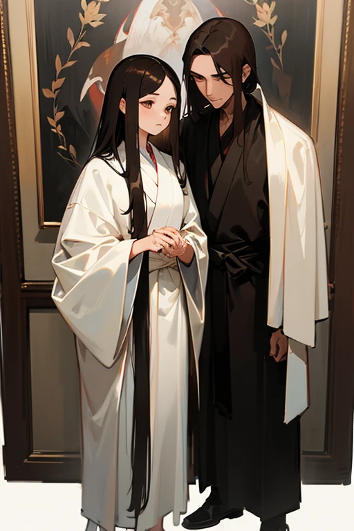 name: "Together on the way"
material: oil on canvas Size: 60x80 cm Idea: The painting depicts a beautiful Asian woman with long straight dark brown hair, dressed in a white robe and comfortable regular clothes, standing next to her boyfriend. The guy is a dark, short-haired brunette, also in light clothing, looks like an assassin&#39;s outfit. They look at each other with love and understanding, together on the way somewhere important, representing unity and support in relationships. The background can be made in soft, calm tones, to focus on the main characters.