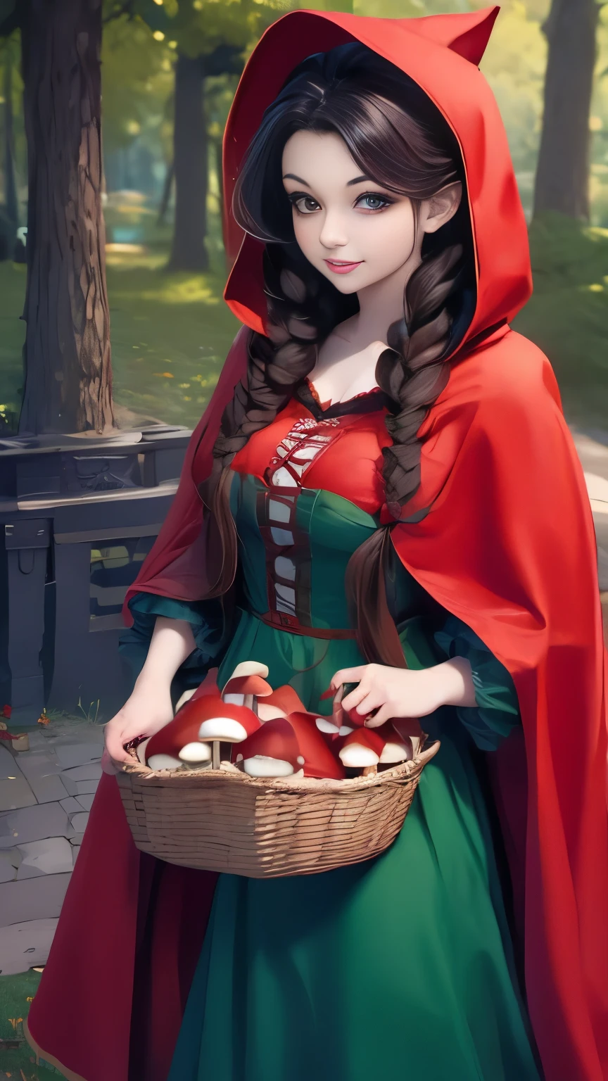 arafed woman in red riding hood and red hat holding a basket of mushrooms, a photo by Alexey Venetsianov, cgsociety contest winner, fine art, dressed in a beautiful red cloak, red riding hood, little red riding hood, photography alexey gurylev, photography alexey kurylev, red hat, thief red riding hood