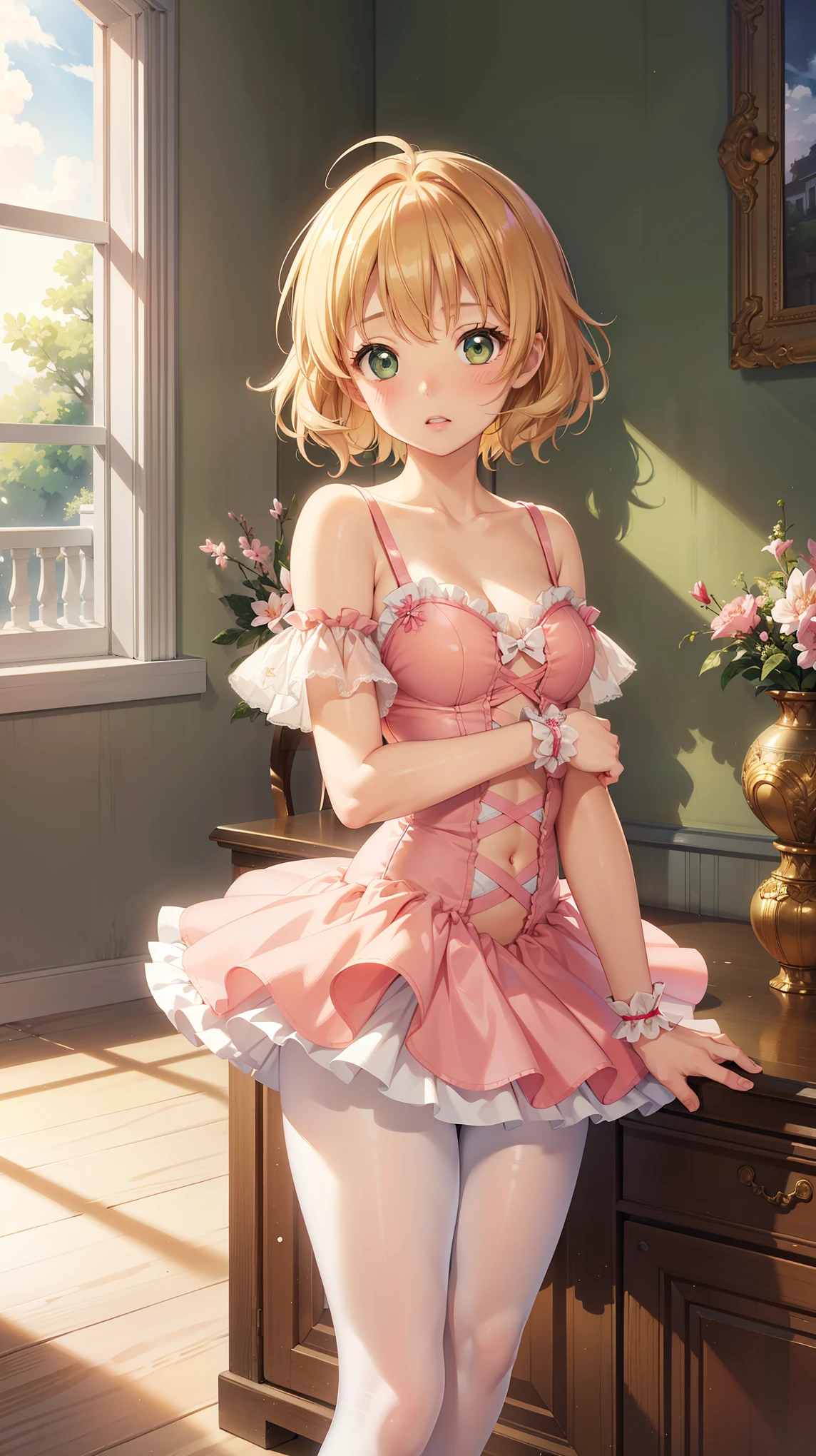 1girl, natural lighting, masterpiece, highly detailed, illustration, game CG, absurdres, high quality, kinomoto sakura, (18 year old girl), medium breasts, beautiful detailed eyes, glossy lips, natural lighting, short fluffy blonde hair, messy hair, green eyes, indoors, ballerina, collarbone, tutu, pantyhose