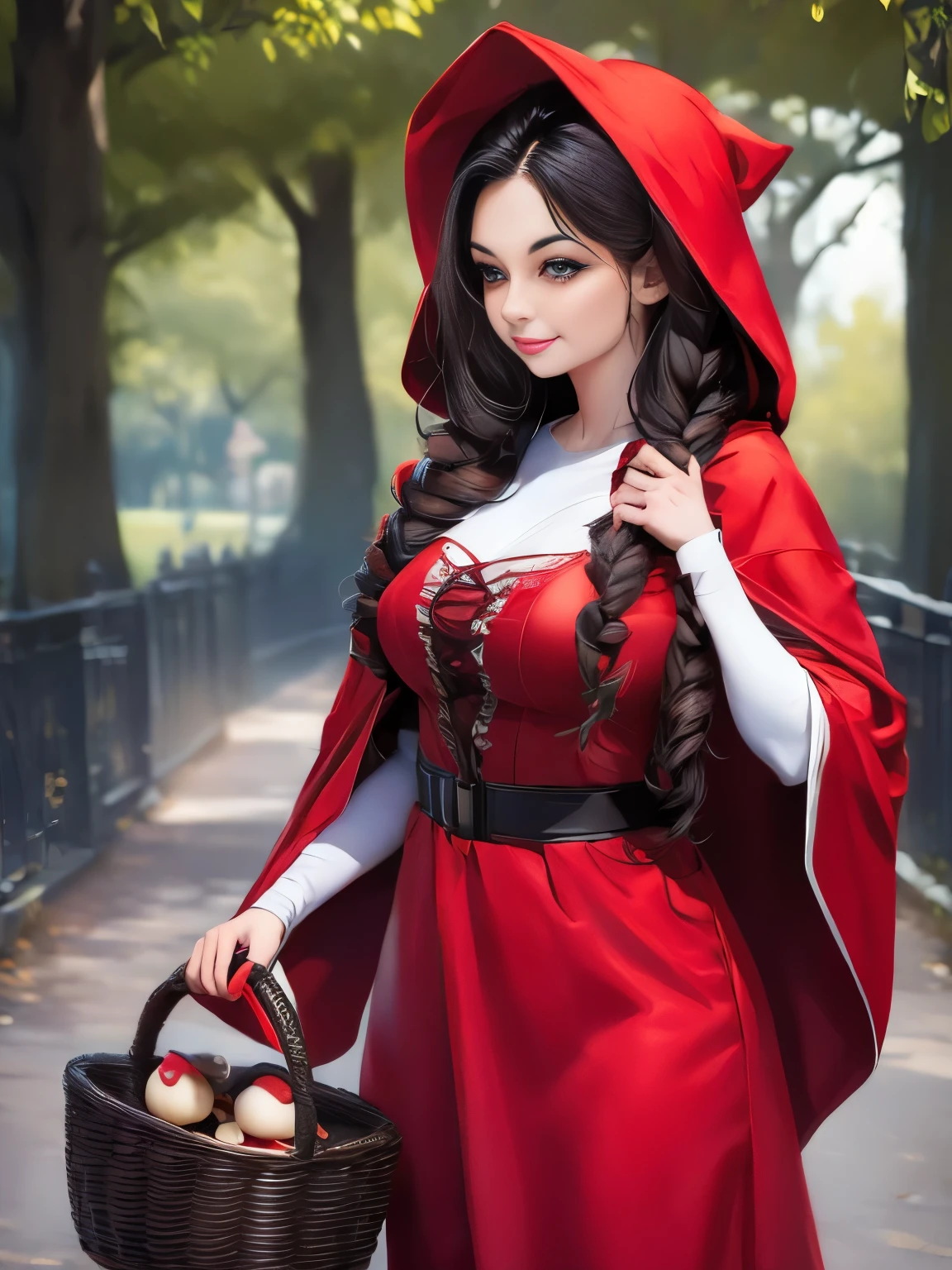 arafed woman in red riding hood and red hat holding a basket of mushrooms, dressed in a beautiful red cloak, red riding hood, little red riding hood, by Alexey Venetsianov, by andrey ryabovichev, by Alexey Merinov, by Igor Grabar, photography alexey gurylev