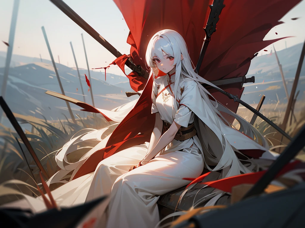 1girl with long white hair sitting in a field of war with spears and swords with blood, her eye is red, warm lighting, white dress, grey foreground
