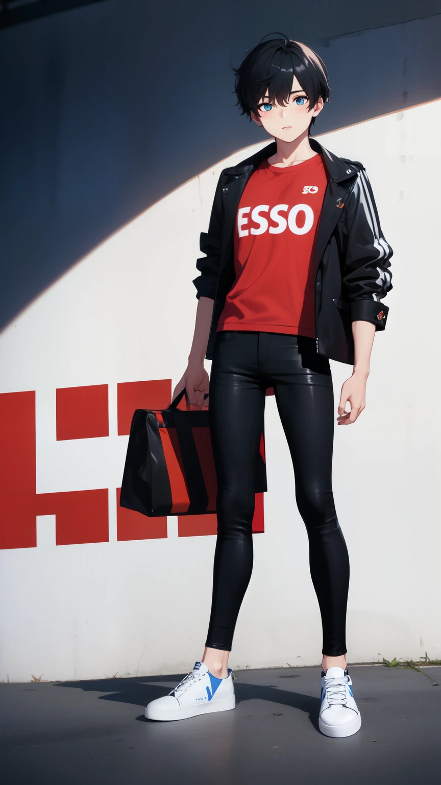 Short hair, Esso_Group_,EssoGroupR5, Skin, Black Jacket, Red T-Shirt, Black pants, Black jeans, Background, White, 1boy, White shoe, Black Hair, Blue eye, Shirt, Full Body, upper body,