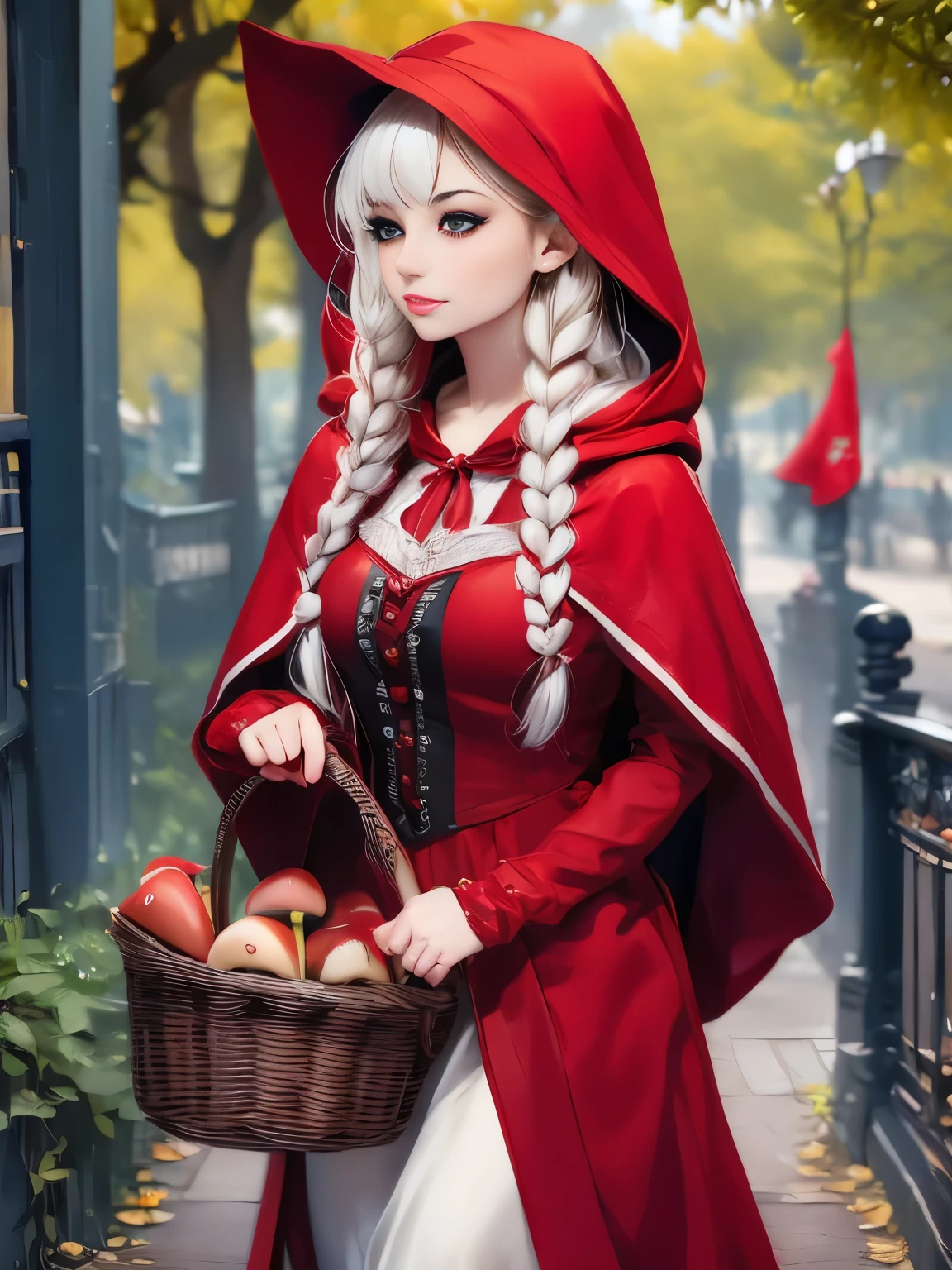 arafed woman in red riding hood and red hat holding a basket of mushrooms, a photo by Alexey Venetsianov, cgsociety contest winner, fine art, dressed in a beautiful red cloak, red riding hood, little red riding hood, photography alexey gurylev, photography alexey kurylev, red hat, thief red riding hood