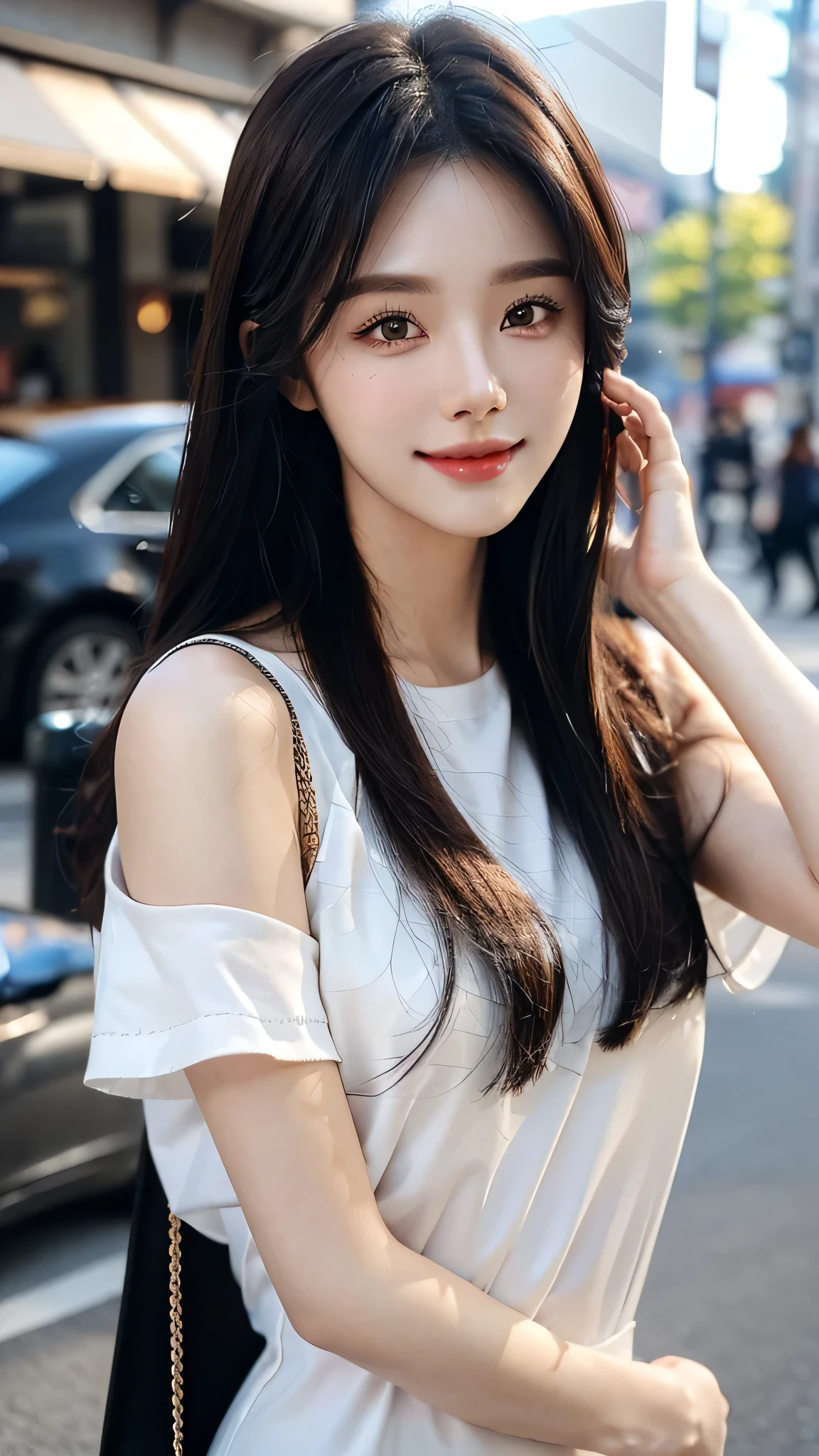 ​masterpiece、top-quality)、1 beautiful girl walk arow the shopping mall , ((Wearing black sunglasses )), (Detailed beautiful eyes), ((Detailed skin)) , ((Detailed medium hair)), Walk around the store、((Boyish Brown Medium Hair))、((Smaller face))、((Neutral face))、((Light brown eyes))、((Korean Girl))、((18year old))、((cool lady))、((A shy smile on his face))、((Korean Makeup))、((elongated and sharp eyes))、((Happy dating))、((boyish))、on the wvilla), ((CG rendering)), ((Blurred background)), ((16K)),  ((Very detailed)), ((wallpaper)), ((depth of field)), ((movie light)), (( Ray tracing)).