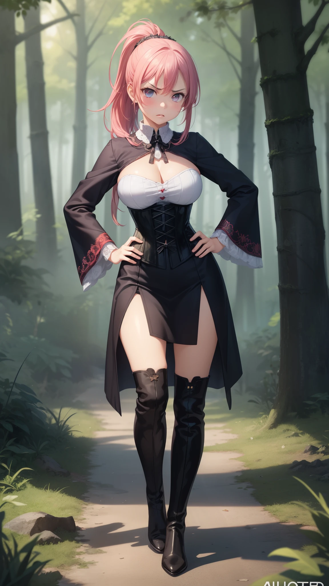 1girl, natural lighting, masterpiece, highly detailed, illustration, game CG, absurdres, high quality, aichan, large breasts, beautiful detailed eyes, medium bright pink hair, ponytail, bangs, glossy lips, forest, corset, witch dress, knee boots, standing, hands on hips, annoyed