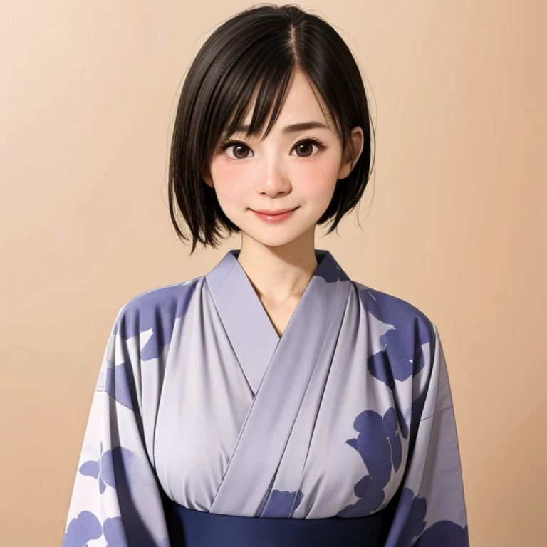 (kawaii 24 year-old Japanese girl, Nogizaka idol, Korean idol), glossy brown hair, (very short hair:1.2), beautiful black eyes, rounded face, narrow shoulders, single eyelid, (no makeup:1.2), (shy, smile, noseblush:1.3), (yukata, Japanese traditional clothes), extra small breasts, BREAK, (simple white background:1.2), (view from forward, bust shot, id photo:1.2), BREAK, (masterpiece, best quality, photo realistic, official art:1.4), (UHD, 8K quality wallpaper, high resolution, raw photo, golden ratio:1.3), (shiny skin), professional lighting, physically based rendering, award winning, (highly detailed skin texture, extremely detailed face and eyes textures), Carl Zeiss 85 mm F/1.4, depth of field, (1girl, solo),