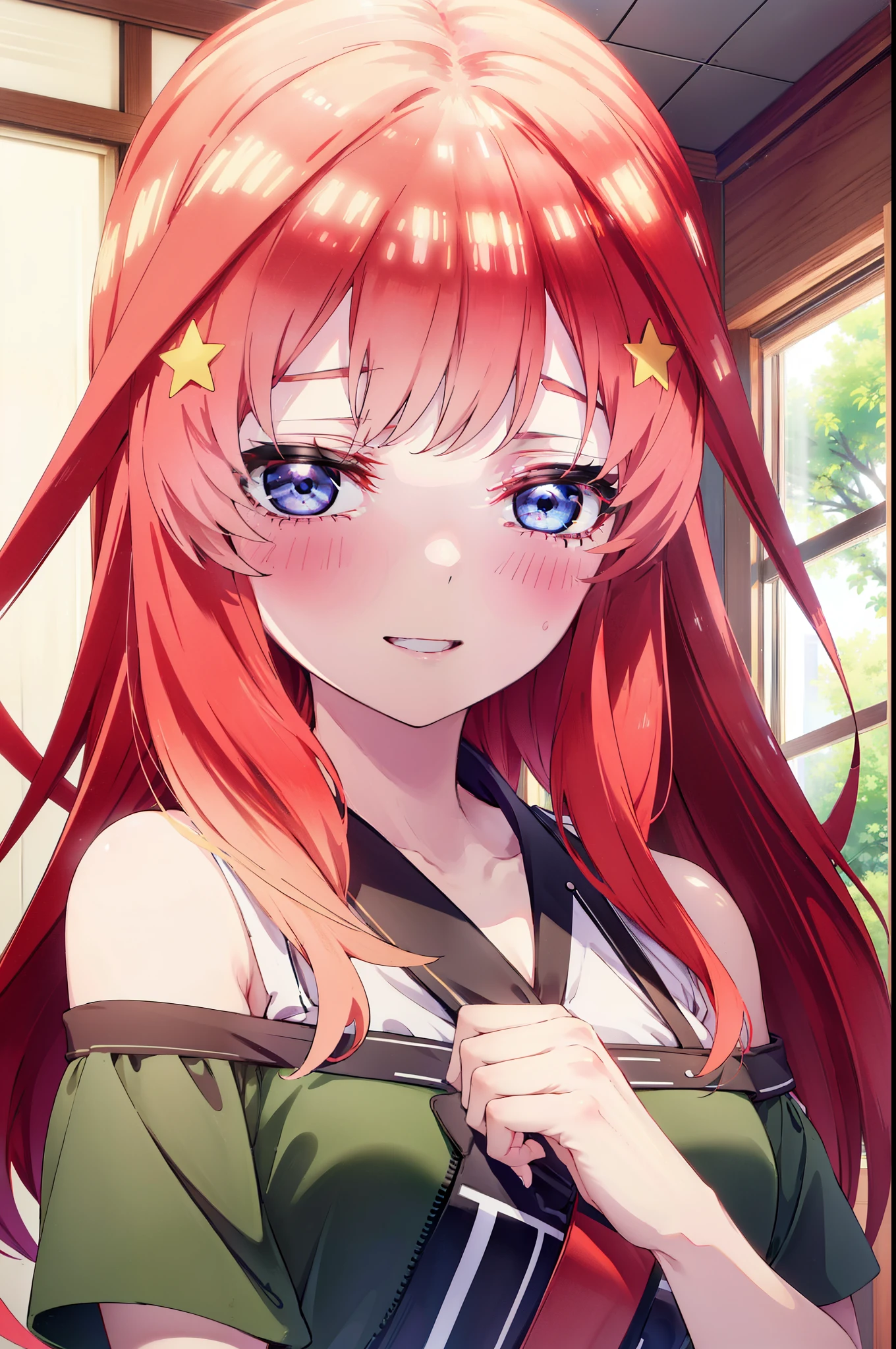 itsukinakano, Itsuki Nakano, bangs, blue eyes, Hair between the eyes, Ahoge, Redhead, star \(symbol\), hair ornaments, star hair ornaments,happy smile, smile, Open your mouth,smile,blush,Akagi glasses,Cold shoulder tops,Short sleeve,Long skirt,Stiletto heels,whole bodyがイラストに入るように,interior,There is a computer on the table,Looking up from below,
break indoors, オフィス
break looking at viewer, whole body,(Cowboy Shot:1. 5)
break (masterpiece:1.2), highest quality, High resolution, unity 8k wallpaper, (figure:0.8), (Beautiful fine details:1.6), Highly detailed face, Perfect lighting, Highly detailed CG, (Perfect hands, Perfect Anatomy),