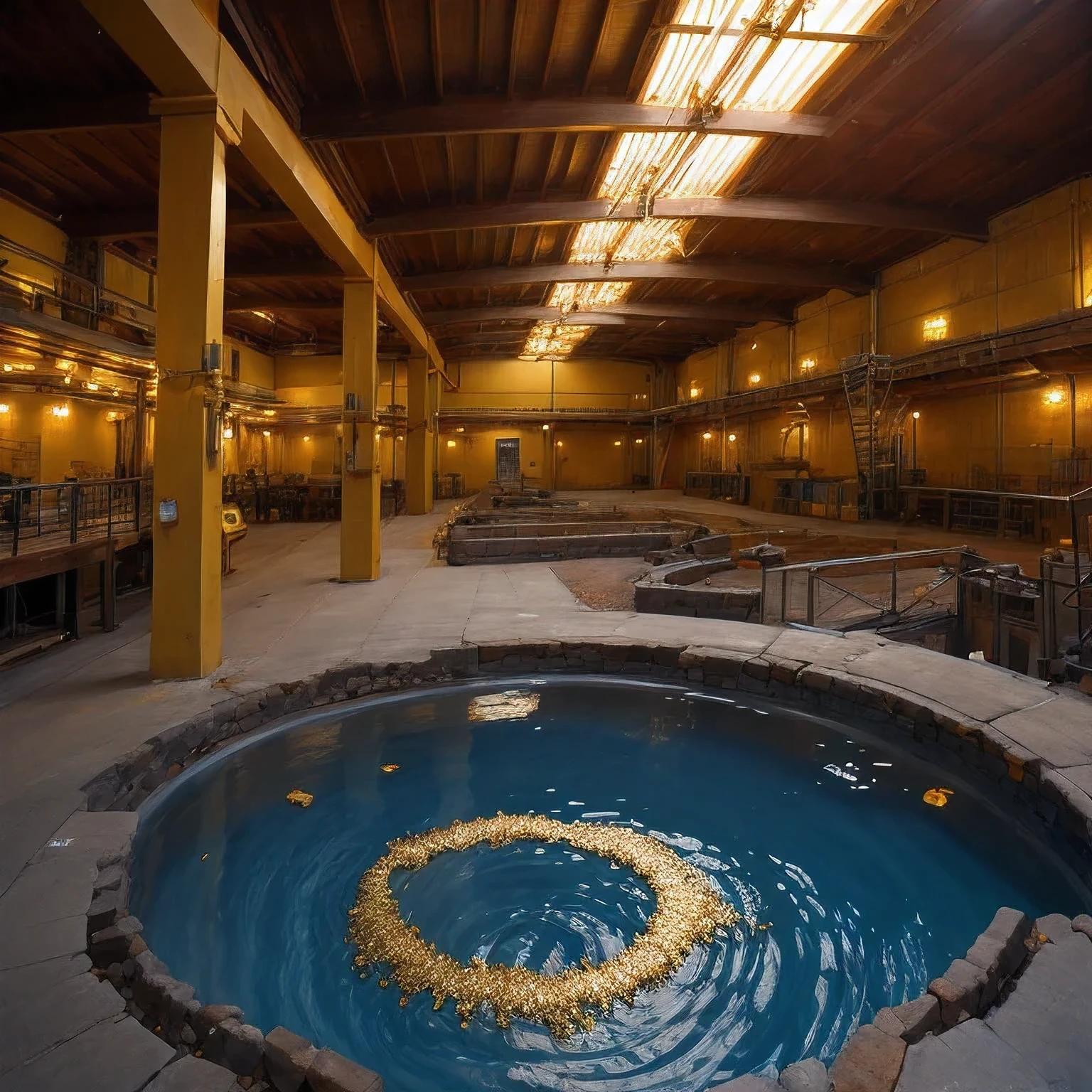 Gold Warehouse(((Gold mining site)))(Crucible of Gold and Water),smelting,Flowing golden water