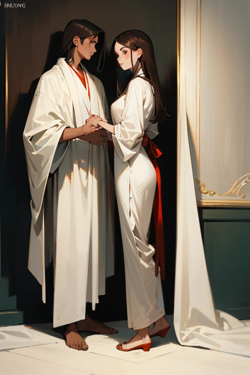 name: "Together on the way"
material: oil on canvas Size: 60x80 cm Idea: The painting depicts a beautiful Asian woman with long straight dark brown hair, dressed in a white robe and comfortable regular clothes, standing next to her boyfriend. The guy is a dark, short-haired brunette, also in light clothing, looks like an assassin&#39;s outfit. They look at each other with love and understanding, together on the way somewhere important, representing unity and support in relationships. The background can be made in soft, calm tones, to focus on the main characters.