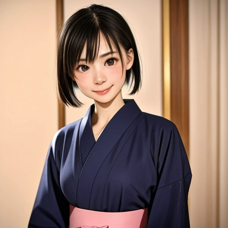 (kawaii 24 year-old Japanese girl, Nogizaka idol, Korean idol), glossy brown hair, (very short hair:1.2), beautiful black eyes, rounded face, narrow shoulders, single eyelid, (no makeup:1.2), (shy, smile, noseblush:1.3), (yukata, Japanese traditional clothes), extra small breasts, BREAK, (simple white background:1.2), (view from forward, bust shot, id photo:1.2), BREAK, (masterpiece, best quality, photo realistic, official art:1.4), (UHD, 8K quality wallpaper, high resolution, raw photo, golden ratio:1.3), (shiny skin), professional lighting, physically based rendering, award winning, (highly detailed skin texture, extremely detailed face and eyes textures), Carl Zeiss 85 mm F/1.4, depth of field, (1girl, solo),