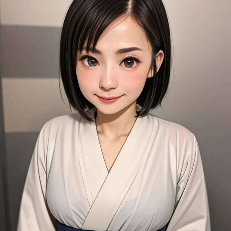 (kawaii 24 year-old Japanese girl, Nogizaka idol, Korean idol), glossy brown hair, (very short hair:1.2), beautiful black eyes, rounded face, narrow shoulders, single eyelid, (no makeup:1.2), (shy, smile, noseblush:1.3), (yukata, Japanese traditional clothes), extra small breasts, BREAK, (simple white background:1.2), (view from forward, bust shot, id photo:1.2), BREAK, (masterpiece, best quality, photo realistic, official art:1.4), (UHD, 8K quality wallpaper, high resolution, raw photo, golden ratio:1.3), (shiny skin), professional lighting, physically based rendering, award winning, (highly detailed skin texture, extremely detailed face and eyes textures), Carl Zeiss 85 mm F/1.4, depth of field, (1girl, solo),