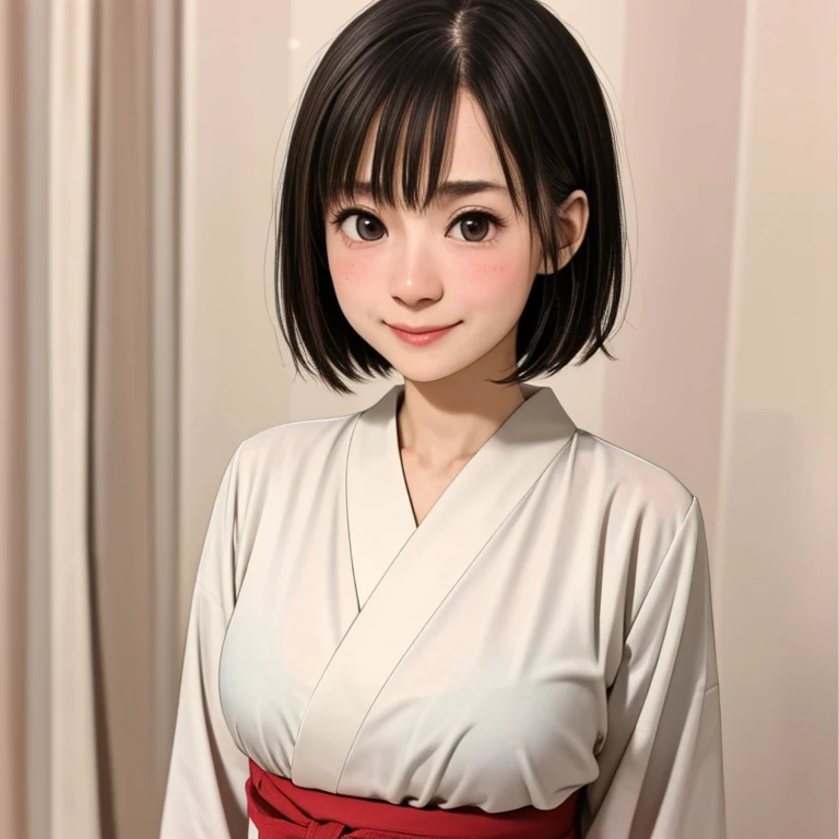 (kawaii 24 year-old Japanese girl, Nogizaka idol, Korean idol), glossy brown hair, (very short hair:1.2), beautiful black eyes, rounded face, narrow shoulders, single eyelid, (no makeup:1.2), (shy, smile, noseblush:1.3), (yukata, Japanese traditional clothes), extra small breasts, BREAK, (simple white background:1.2), (view from forward, bust shot, id photo:1.2), BREAK, (masterpiece, best quality, photo realistic, official art:1.4), (UHD, 8K quality wallpaper, high resolution, raw photo, golden ratio:1.3), (shiny skin), professional lighting, physically based rendering, award winning, (highly detailed skin texture, extremely detailed face and eyes textures), Carl Zeiss 85 mm F/1.4, depth of field, (1girl, solo),