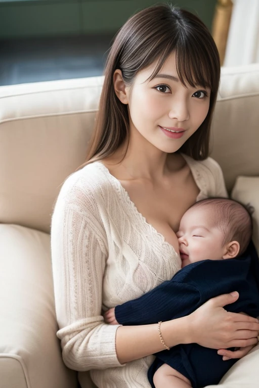 A beautiful Japanese woman in her 40s is sitting on a modern sofa and breastfeeding her baby, {beige knit, skirt:1.4}, Realistic, Realistic, Realistic body shape, Very detailed, highest quality, 8k, Sharp focus, High resolution, Ideal ratio, A kind smile, Thick lips, Cleavage, wrinkles skin, open mouth,  looking at the baby