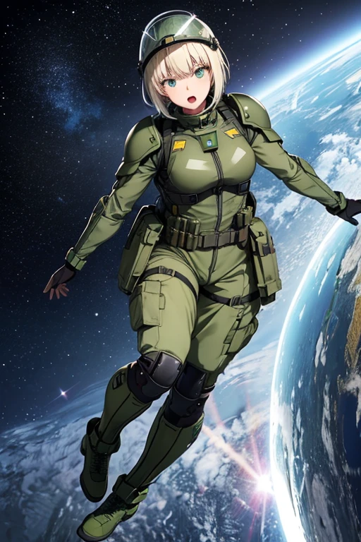Anime drawings、Full body portrait、Space Sci-Fi Soldier、The person shooting the beam was a military woman, about 175cm tall, around 28 years old, wearing a dark green bulletproof vest.、Open mouth and screaming、Her hairstyle is short and medium length.、Platinum Blonde Hair、Shoulder Armor、Military boots、Wearing a helmet