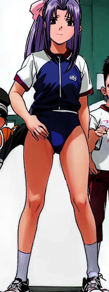 Momoko Koigakubo, a tall girl with beautiful legs, is standing with her legs spread to the sides in a white gym uniform and light navy blue bloomers that look like panties.。Next to Momoko Koigakubo, a fifth-grade boy with a shaved head and wearing a tracksuit is smiling and grabbing her thigh.。