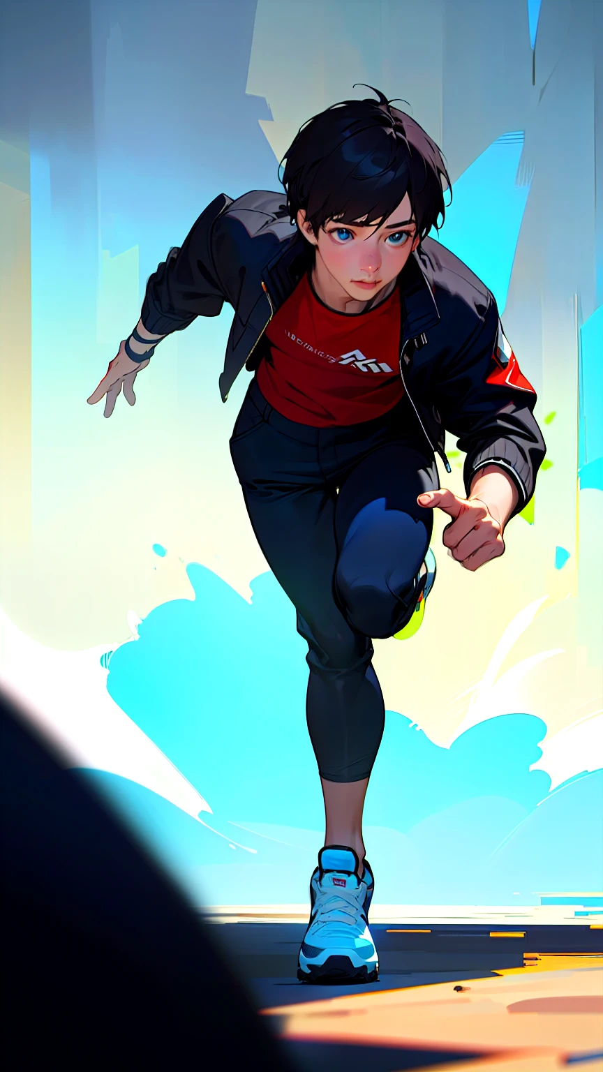 1 boy, short dark hair, blue eyes, wearing black jacket, red t-shirt, black pants, white shoes, (best quality,4k,8k,highres,masterpiece:1.2),ultra-detailed,(realistic,photorealistic,photo-realistic:1.37),intricate detailed portrait, sharp focus, cinematic lighting, atmospheric, moody, high contrast, vibrant colors, dynamic composition